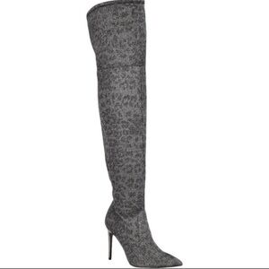 Guess Bonis metallic over-the-knee stiletto boots in silver-gray fabric Sz 8.5